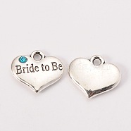 Wedding Theme Antique Silver Tone Tibetan Style Heart with Bride to Be Rhinestone Charms, Cadmium Free & Lead Free, Aquamarine, 14x16x3mm, Hole: 2mm(TIBEP-N005-10C)