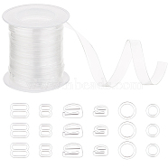 PandaHall Elite 180Pcs 6 Style Plastic Buckles, Underwear, Accessories, with 1 Roll Polyurethane Transparent Straps, Clear, 8~13.5x8~13.5x2mm, Hole: 3.5x6~10mm, 30pcs/style(FIND-PH0006-92)