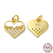 925 Sterling Silver Micro Pave Cubic Zirconia Charms, Heart Charm, with Shell & 925 Stamp & Jump Ring, Real 18K Gold Plated, 12x12x2mm, Hole: 3mm(STER-I010-09G)