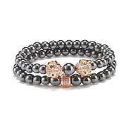 2Pcs 2 Style Synthetic Hematite Stretch Bracelets Sets, Gemstone Bracelet with Cubic Zirconia Leopard & Column for Women, Rose Gold, Inner Diameter: 2-1/4 inch(5.8cm), 1Pc/style(BJEW-SZ0002-50RG)