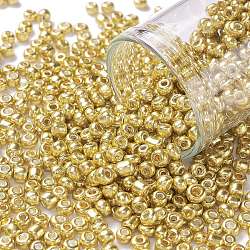 8/0 Glass Seed Beads, Metallic Colours Style, Round, Gold, 8/0, 3mm, Hole: 1mm, about 10000pcs/pound(SEED-A017-3mm-1115)