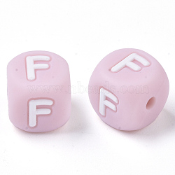 Food Grade Eco-Friendly Silicone Beads, Horizontal Hole, Letter Style, Cube, Pink, Letter.F, 10x10x10mm, Hole: 2mm(SIL-R011-10mm-04F)