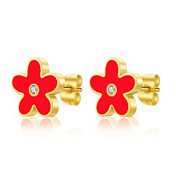 Stainless Steel Enamel Flower Stud Earrings, Red, Golden(XB5418-3)