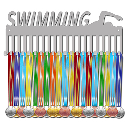 Fashion Iron Medal Hanger Holder Display Wall Rack, 20 Hooks, with Screws, Word Swimming, Sports Themed Pattern, 146x400mm(ODIS-WH0037-063)