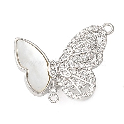 Brass Micro Pave Clear Cubic Zirconia with Natural Shell Fold Over Clasps, Butterfly, Platinum, 19.5x22.5x10mm, Hole: 1mm & 1.4mm(KK-G505-28P)