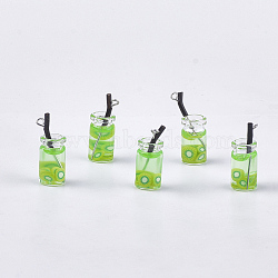 Glass Bottle Pendants, with Resin, Plastic and Iron Findings, Fruit Tea Charms, Platinum, Green Yellow, 25~28x10mm, Hole: 1.8mm(CRES-N017-06F)