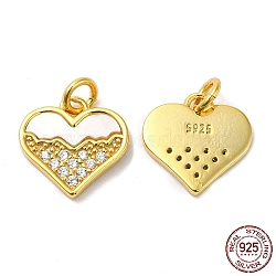 925 Sterling Silver Micro Pave Cubic Zirconia Charms, Heart Charm, with Shell & 925 Stamp & Jump Ring, Real 18K Gold Plated, 12x12x2mm, Hole: 3mm(STER-I010-09G)