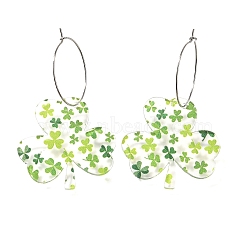 Acrylic Clover Hoop Earrings, with 316  Stainless Steel Pins, Stainless Steel Color, 60.5x35.5mm(EJEW-M074-04P)