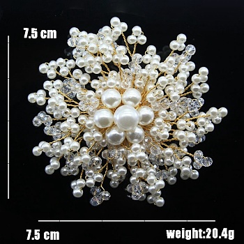 Handmade Plastic Imitation Pearl Alloy Flower Brooch, with Rhinestone, Golden, 75x75mm