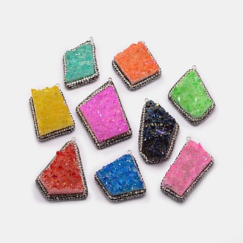 Electroplate Natural Druzy Quartz Crystal Pendants, Dyed, with Rhinestones and Brass Finding, Nuggets, Mixed Color, 40~62x33~40x12~30mm, Hole: 2mm