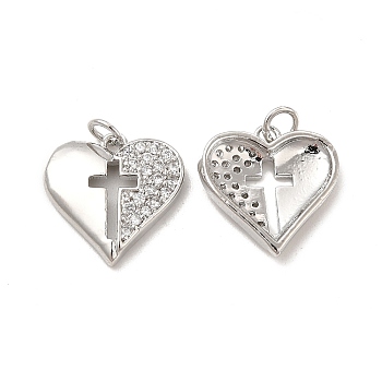 Brass Micro Pave Cubic Zirconia Pendants, with Jump Ring, Heart with Religion Cross Charm, Platinum, 16.5x16.5x3.5mm, Hole: 3.3mm