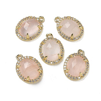 Natural Rose Quartz Faceted Oval Pendants, Rack Plating Brass Micro Pave Cubic Zirconia Charms, Golden, 15.5x11x4.5mm, Hole: 1.4mm