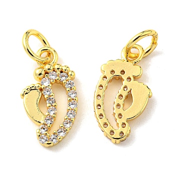 Rack Plating Brass Micro Pave Cubic Zirconia Charms, with Jump Ring, Footprints, Real 18K Gold Plated, 13.5x7x1.6mm, Hole: 3.2mm