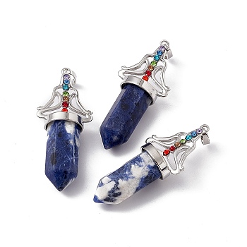 Natural Sodalite Big Pendants, 7 Chakra Faceted Bullet Charms, with Platinum Plated Brass Findings and Colorful Rhinestone, Cadmium Free & Lead Free, 55x22.5x16mm, Hole: 8x5mm
