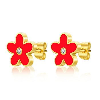 Stainless Steel Enamel Flower Stud Earrings, Red, Golden