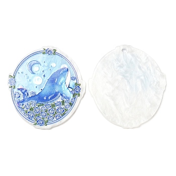 Ocean Style Acrylic Pendants, Oval, Deep Sky Blue, 39x32x2.5mm, Hole: 2mm