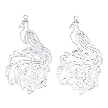 201 Stainless Steel Filigree Big Pendants, Etched Metal Embellishments, Phoenix, Stainless Steel Color, 56x29x0.2mm, Hole: 1.8mm