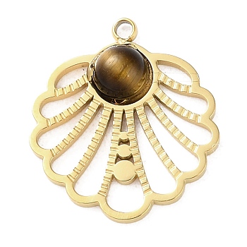 Vacuum Plating 316 Stainless Steel Pendants, with Natural Tiger Eye, Flower, Real 18K Gold Plated, 15.5x13.5x3mm, Hole: 1.2mm