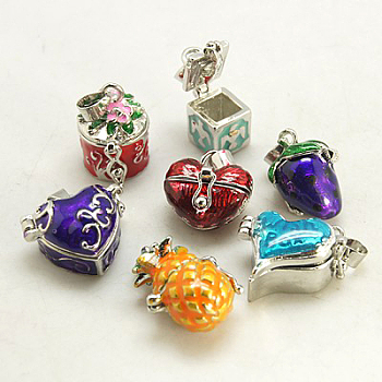 Platinum Color Brass Prayer Box Pendants, with Enamel, Mixed Shapes, Mixed Color, 16~22x15~22x11~14mm, Hole: 4x6mm