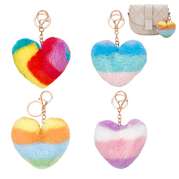WADORN 4Pcs 4 Styles Plush Rainbow Splicing Heart Pendant Keychain, for Keychain, Purse, Backpack Ornament, Mixed Color, 13.5~14cm, 1pc/style