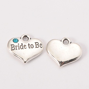 Wedding Theme Antique Silver Tone Tibetan Style Heart with Bride to Be Rhinestone Charms, Cadmium Free & Lead Free, Aquamarine, 14x16x3mm, Hole: 2mm