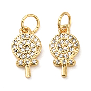 Rack Plating Brass Micro Pave Clear Cubic Zirconia Pendants, Cadmium Free & Lead Free, Lollipop, Real 18K Gold Plated, 13.5x7.5x2mm