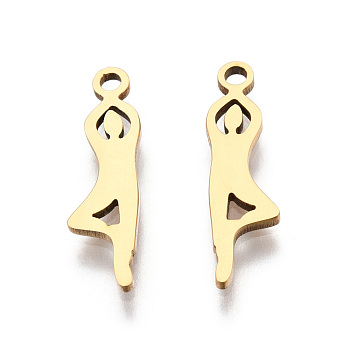 Yoga Theme 201 Stainless Steel Pendants, Human Charm, Real 18K Gold Plated, 18x5x1mm, Hole: 1.4mm