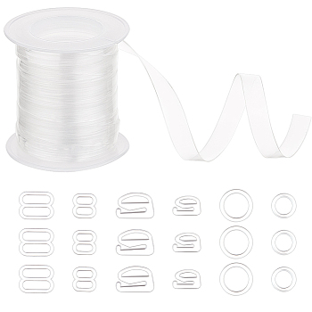 PandaHall Elite 180Pcs 6 Style Plastic Buckles, Underwear, Accessories, with 1 Roll Polyurethane Transparent Straps, Clear, 8~13.5x8~13.5x2mm, Hole: 3.5x6~10mm, 30pcs/style