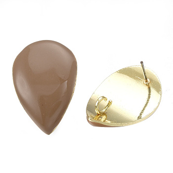 Alloy Stud Earring Findings, with Loop, Enamel and Steel Pins, Teardrop, Light Gold, Camel, 27x17mm, Hole: 3mm, Pin: 0.7mm