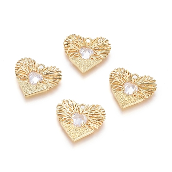 Brass Micro Pave Cubic Zirconia Pendants, Long-Lasting Plated, Heart, Clear, Real 18K Gold Plated, 18x20x3.5mm, Hole: 1.6mm