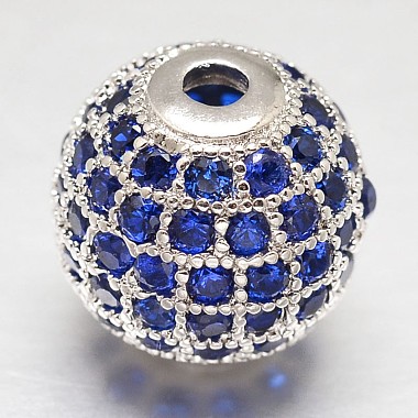 8mm Blue Round Brass+Cubic Zirconia Beads