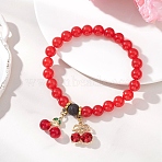 Lampwork & Alloy Rhinestone Charms Bracelets, Natural & Dyed Malaysia Jade & Lava Rock Beads Stretch Bracelets for Women, Cherry, Red, Inner Diameter: 2.28 inch(5.8cm)(BJEW-JB13269)
