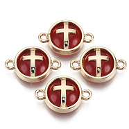 Glass Links connectors, with Light Gold Plated Alloy Findings, Flat Round with Cross, Dark Red, 13.5x19.5x5.5mm, Hole: 1.6mm(X-GLAA-T015-25E)