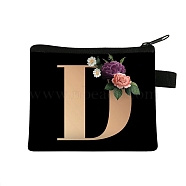 Initial Letter with Flower Cosmetic Bag, Polyester Wallets with Zipper, Black Change Purse, Clutch Bag for Women, Letter D, 11x13.5cm(PW-WG1F7F6-01)