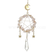 Wire Wrapped Natural Rose Quartz Chips & Brass Ring Pendant Decoration, with Glass Cone Charm, for Home Hanging Decoration, Moon & Star, 310~312mm, Hole: 8mm(HJEW-TA00083-03)