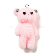 Flocky Opaque Resin Animal Pendants, Bear Charms with Platinum Plated Iron Loops, Pink, 40~42x22.5x16.5mm, Hole: 1.8mm(RESI-F047-01C)