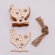 Wooden Ornaments, with Jute Twine, Easter Hanging Decorations, for Party Gift Home Decoration, Chicken, BurlyWood, 79x67.5x2.5mm, Hole: 3.5mm, Jute Ropes: 1.5x60mm, 10pcs/bag(WOOD-TAC0005-01)