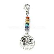 Alloy Tree of Life Pendant Decorations, with Chakra Gemstone Bead and Zinc Alloy Lobster Claw Clasps, Flat Round, 56.5mm(HJEW-JM01383-02)