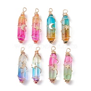 2Pcs 2 Style Two Tone Glass Double Terminated Point Beads Pendants Set, Moon & Star Golden Copper Wire Wrapped Charms, Mixed Color, 38~39x10x18mm, Hole: 3mm, 1Pc/style(PALLOY-JF02538)