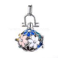 Rack Plating Brass Cage Pendants, For Chime Ball Pendant Necklaces Making, with Enamel and Rhinestone, Hollow Round with Flower, Platinum, Colorful, 26.5x25x21mm, Hole: 3x8mm, Inner Measure: 17mm(KK-Q402-10P-2A)