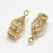 Brass Charms, with Cubic Zirconia, Hollow, Birdcage, Clear, Real 18K Gold Plated, 15x7.5x7.5mm, Hole: 1.5mm(KK-S347-068)