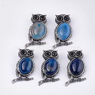 Natural Agate Brooches/Pendants, with Rhinestone and Alloy Findings, Dyed, Owl, Antique Silver, 51x28~29x15~16.5mm, Hole: 4.5x8.5mm, Pin: 0.5mm(G-S353-05C)