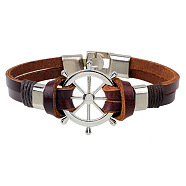 Helm Alloy Leather Cord Link Bracelets, Brown, 60mm(BJEW-P0001-13)