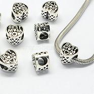 Tibetan Style Alloy Beads, Large Hole Beads, Heart, Antique Silver, 11x12x9mm, Hole: 6mm(PALLOY-S079-005AS)