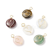 Natural & Synthetic Gemstone Pendants, with Real 18K Gold Plated Eco-Friendly Copper Wire Wrapped, Flat Round with Heart Charm, 22x16x5.5mm, Hole: 3~4.5mm(PALLOY-JF01751)