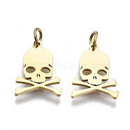 304 Stainless Steel Charms, with Jump Rings, Laser Cut, Skull, for Halloween, Real 14K Gold Plated, 13x9.5x1mm, Jump Ring: 3.8x0.6mm, 2.6mm inner diameter(STAS-S116-360G)