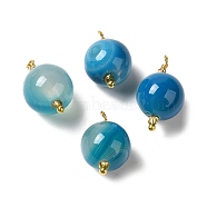 Dyed Natural Agate Pendants, Round Charms with Real 18K Gold Plated Brass Loops, Dodger Blue, 20~20.5x11.5~12.5mm, Hole: 1.4~1.5mm(KK-P242-09D-G01)