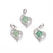 Natural Green Aventurine Pendants, with Platinum Tone Brass Findings and Crystal Rhinestone, Heart, 29x21.5x9mm, Hole: 7x3.5mm(G-L512-O10)