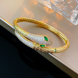 Brass Micro Pave Cubic Zirconia Bangles for Women, Snake, Golden, Inner Diameter: 2-3/8x2 inch(5.9x5cm)(BJEW-H203-01A-G)