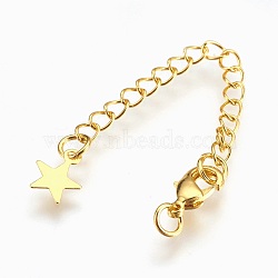 Brass Chain Extender, with Lobster Claw Clasps, Cadmium Free & Nickel Free & Lead Free, Long-Lasting Plated, Star, Real 18K Gold Plated, 70~75x3mm, Hole: 2.5mm, Clasps: 10x6x3mm(KK-I633-85G-NR)